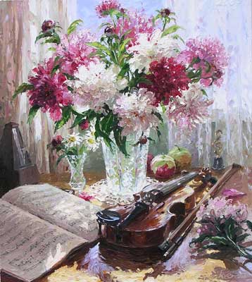 Peonies and Violin by Barbara Jaskiewicz
