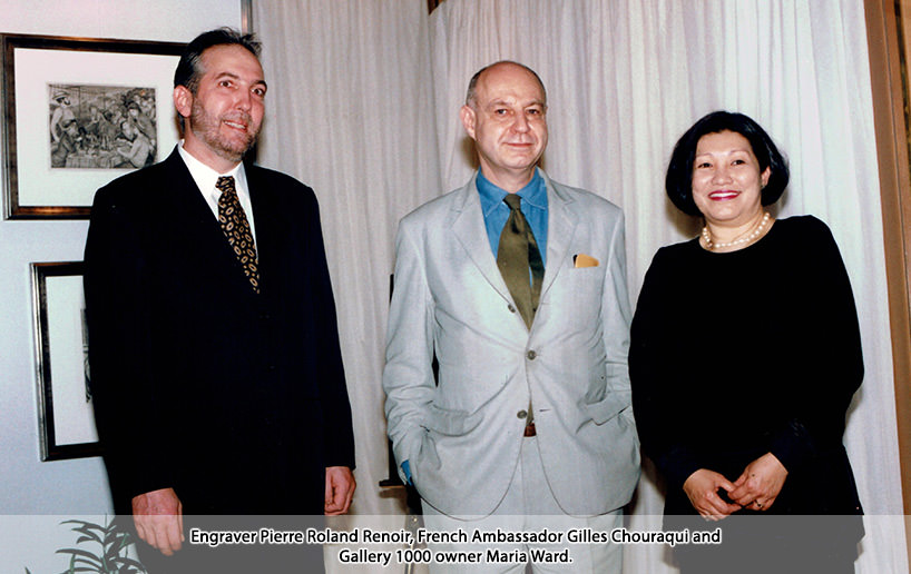 Engraver Pierre Roland Renoir, French Ambassador Gilles Chouraqui and Gallery 1000 owner Maria Ward.