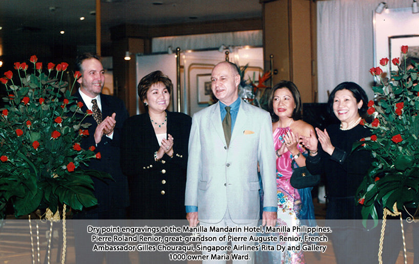 Dry point engravings at the Manilla Mandarin Hotel, Manilla Philippines. Pierre Roland Renior, great-grandson of Pierre Auguste Renior, French Ambassador Gilles Chouraqui, Singapore Airlinesâ€™ Rita Dy and Gallery 1000 owner Maria Ward.